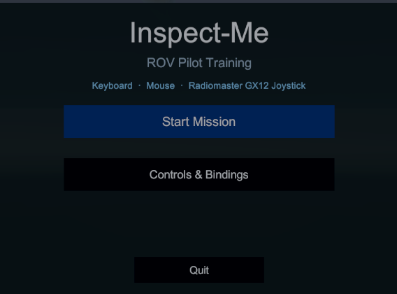 Inspect-Me main menu showing Start Mission and Controls & Bindings, with keyboard, mouse and joystick support